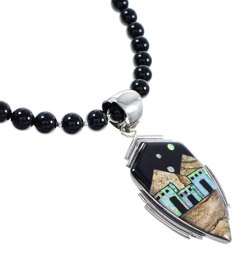Silver Multicolor Inlay Native American Village Design Necklace Set AX94876